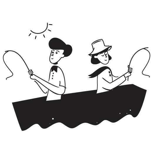 Zwei Personen im Boot angeln nebeneinander, Symbol für den Vergleich unter Selbstständigen